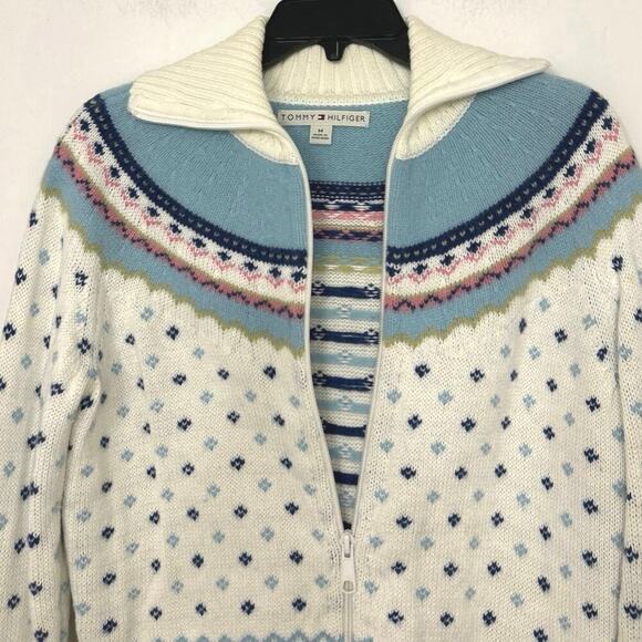 Tommy Hilfiger Wool Cotton Blend Cream Nordic Fair Isle Full Zip Sweater Medium - Picture 7 of 13